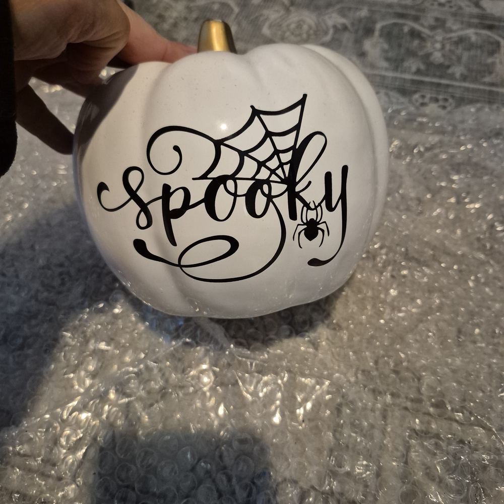 White Ceramic Pumpkin with Spooky Design